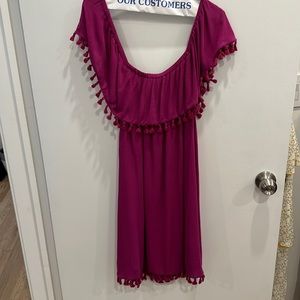1. State fuscia off the shoulder pom pom dress